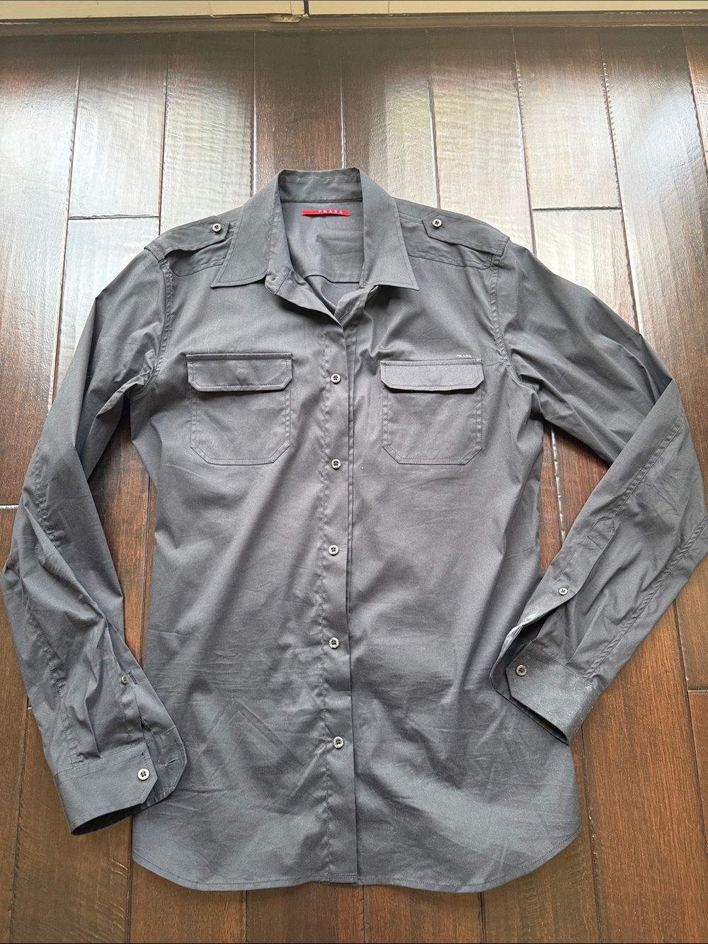 Prada Black Military-Style Button Shirt with Red Tag